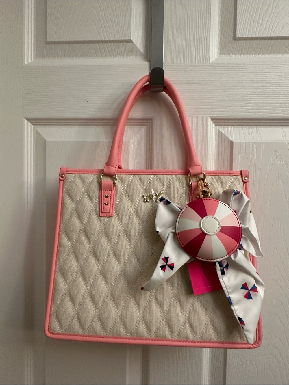 Betsey Johnson Cream Quilted Tote with Coral Pink Trim, Whimsical Charm & Scarf